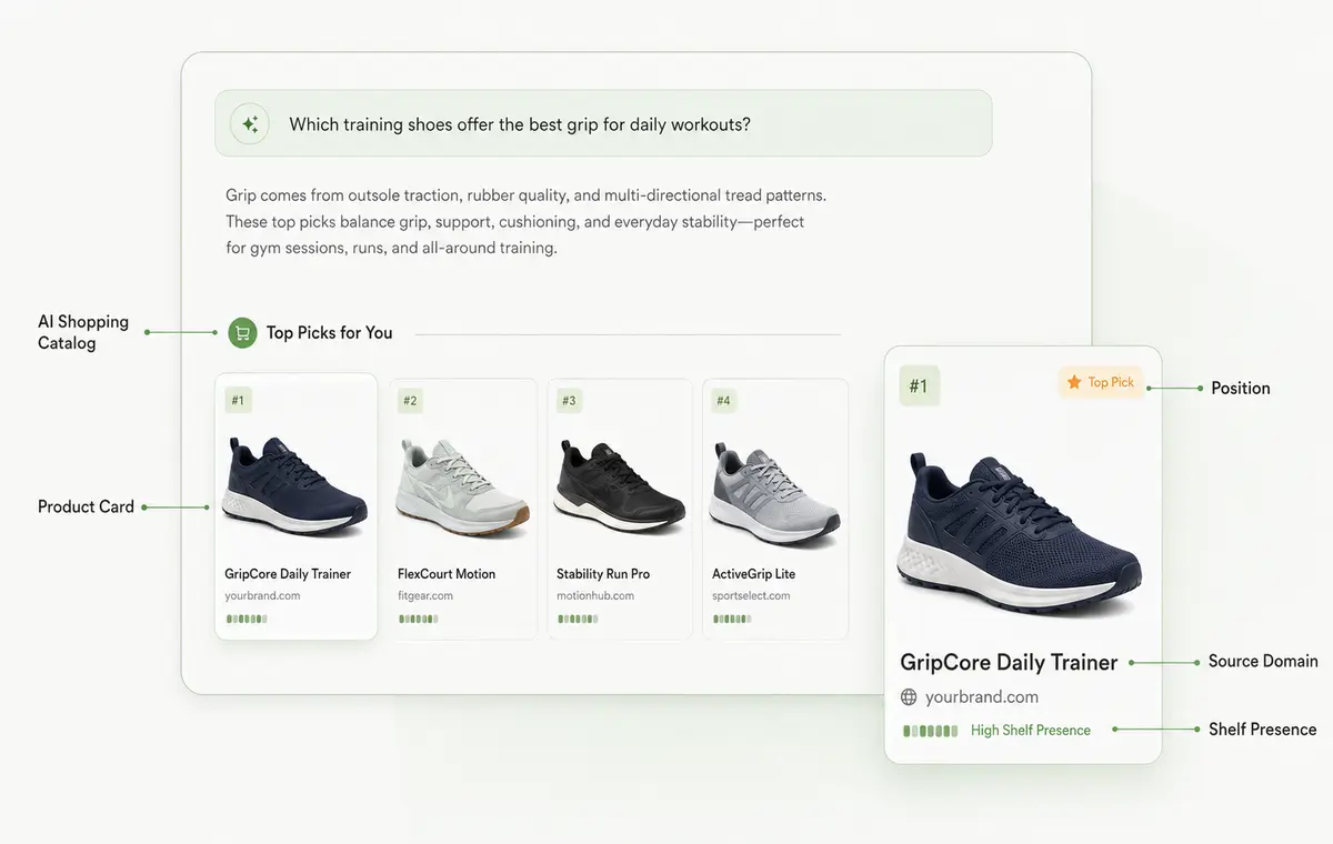 AI shopping shelf explainer showing an AI answer with product cards, a focused product card, and annotations for catalog, product card, position, source domain, and shelf presence.