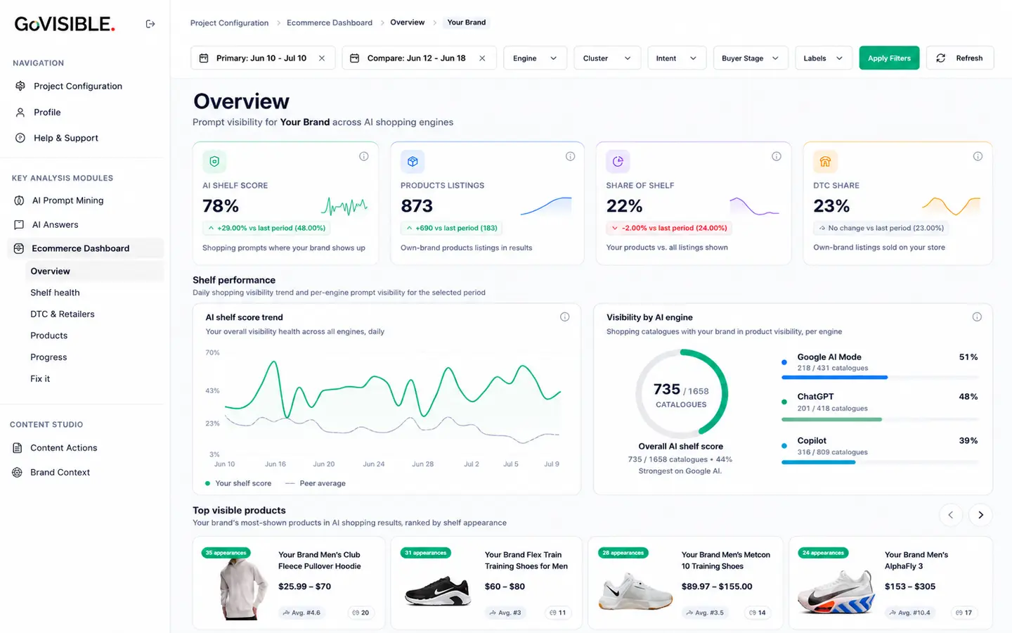 GoVISIBLE Commerce overview dashboard showing AI shelf score, products listed, share of shelf, DTC share, shelf performance, AI engine visibility, and product cards.